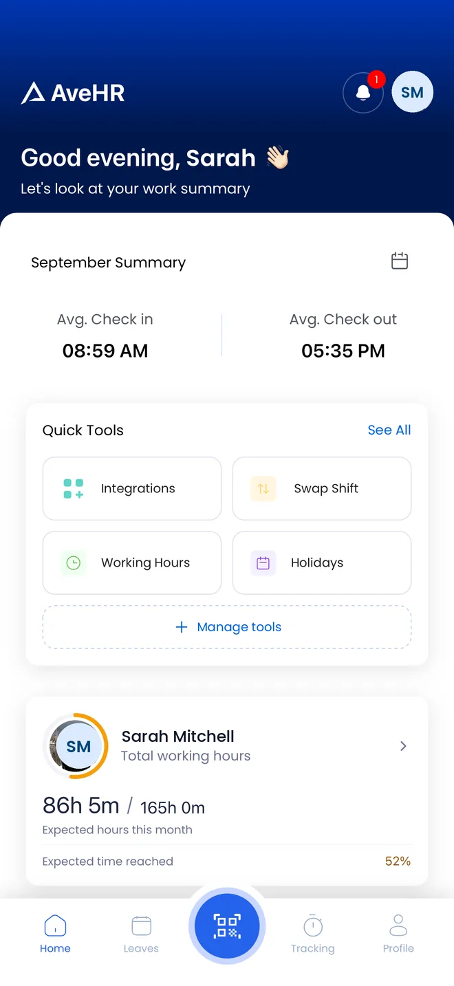 The AveHR app on a phone, showing the month's average check-in and check-out times, quick tools and the scan button